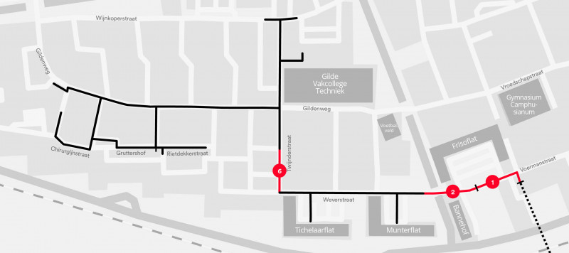 Plattegrond met daarop de locaties van de resterende werkzaamheden in de Gildenweg in Sliedrecht