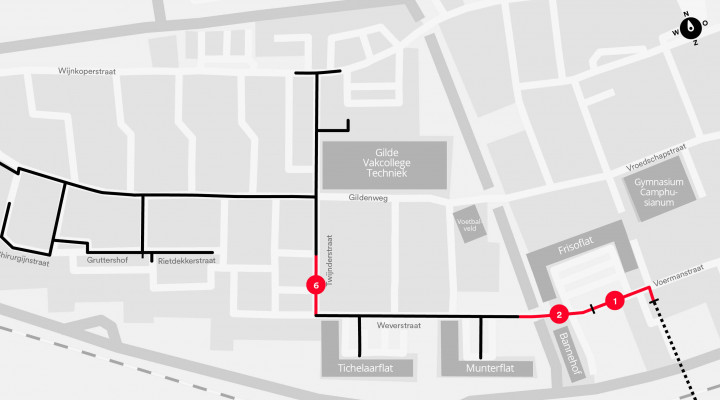 Plattegrond met daarop de locaties van de resterende werkzaamheden in de Gildenweg in Sliedrecht