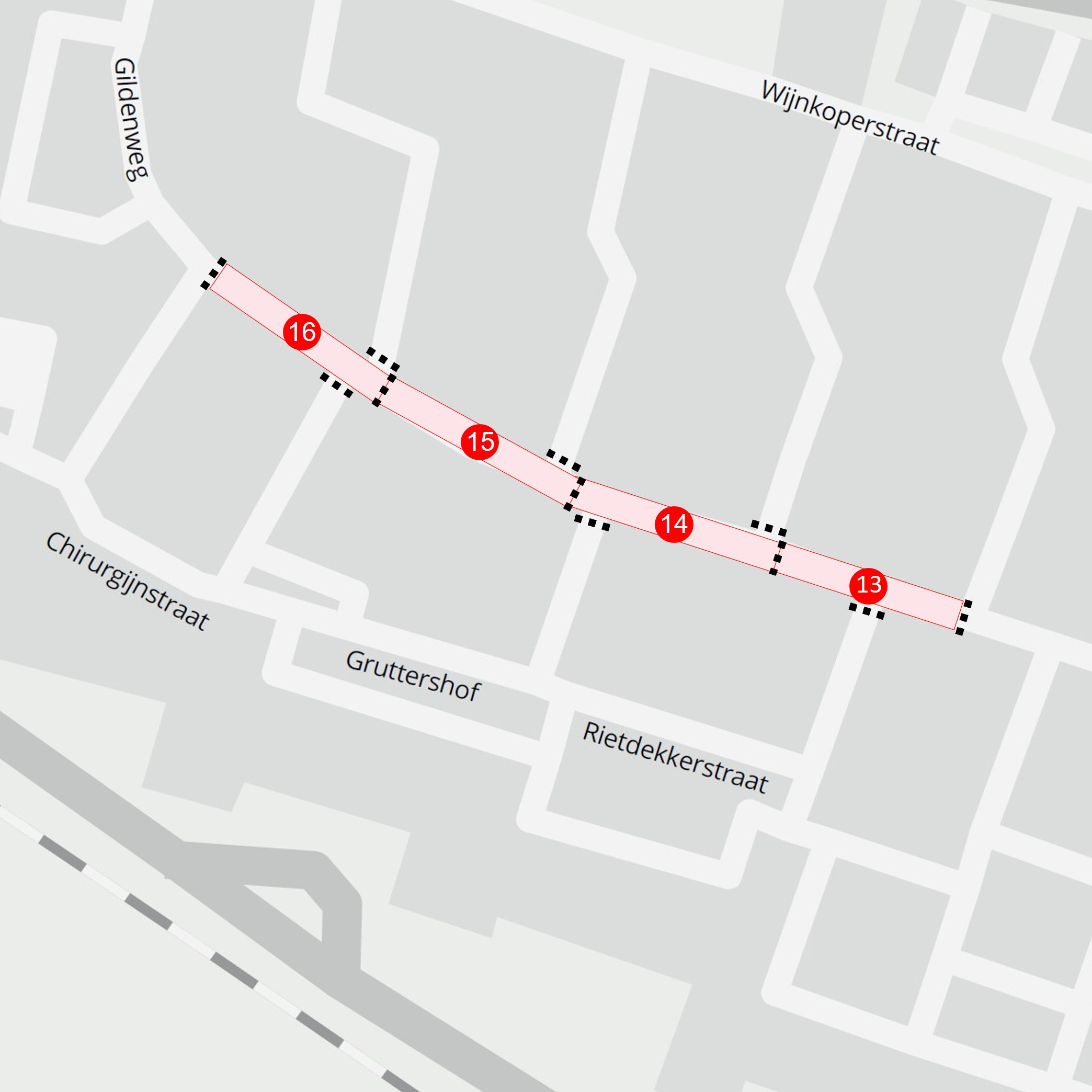 Plattegrond met daarop de locaties van de werkzaamheden in de Gildenweg in Sliedrecht