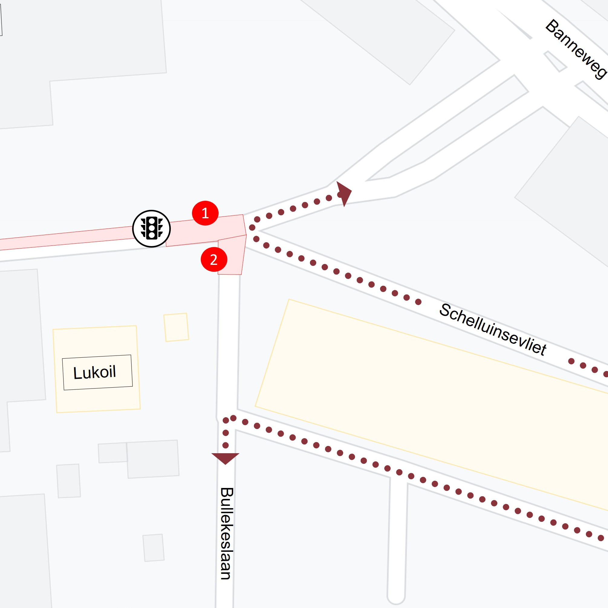 Plattegrond met daarop de locatie van de werkzaamheden in de Schelluinsestraat en Bullekeslaan