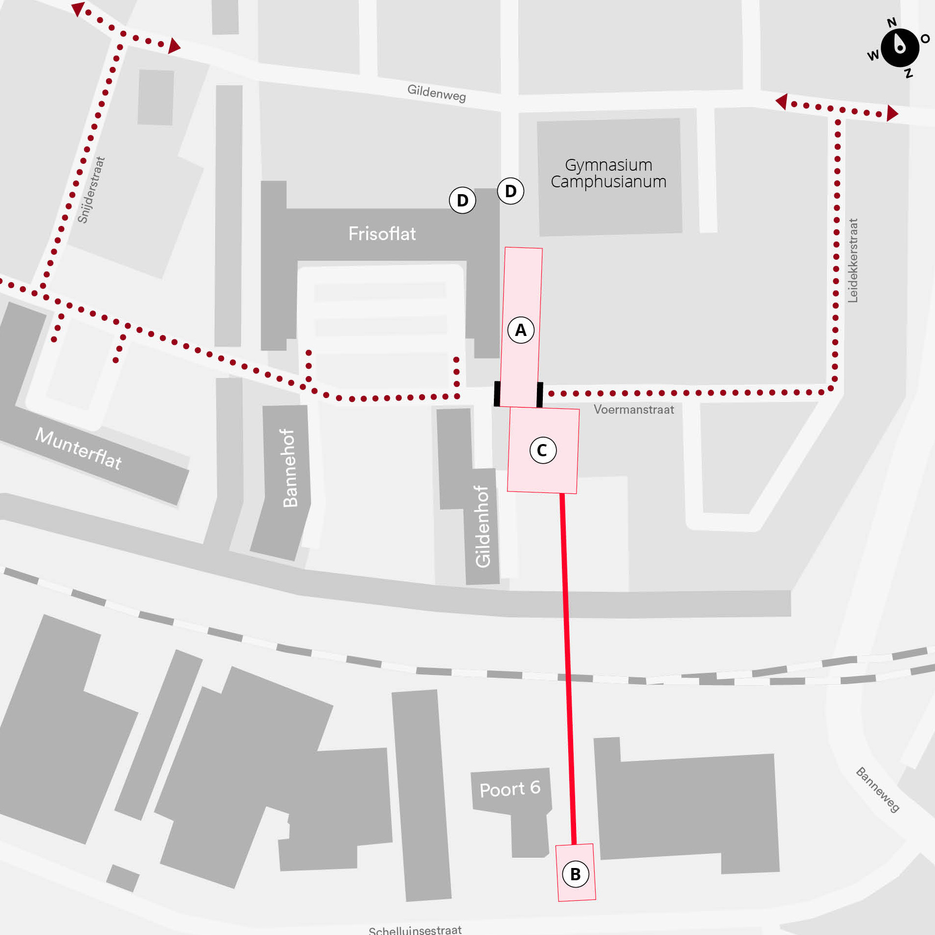 Plattegrond met daarop de locatie van de werkzaamheden in de Voermanstraat in Gorinchem