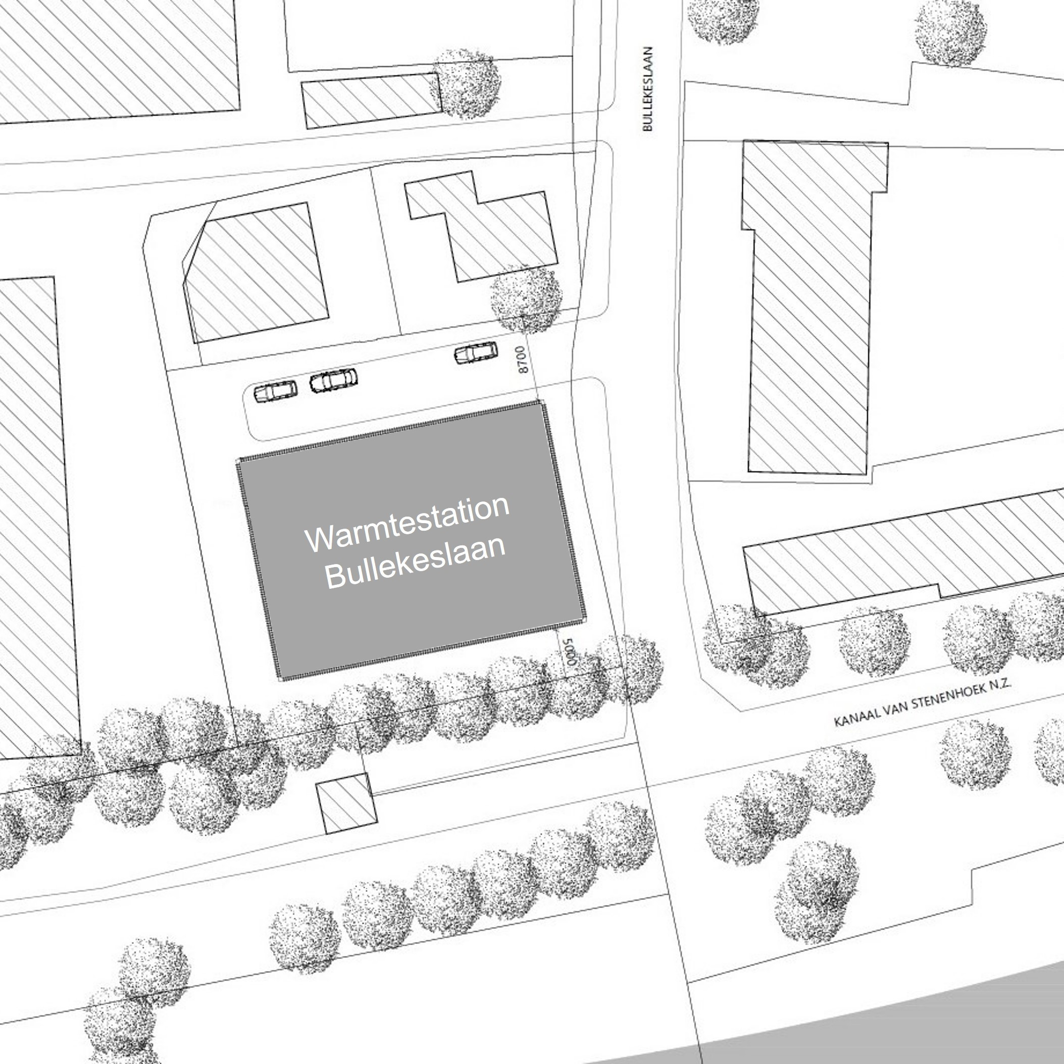 Plattegrond met daarop de locatie in de Bullekeslaan waar het warmtestation wordt gebouwd