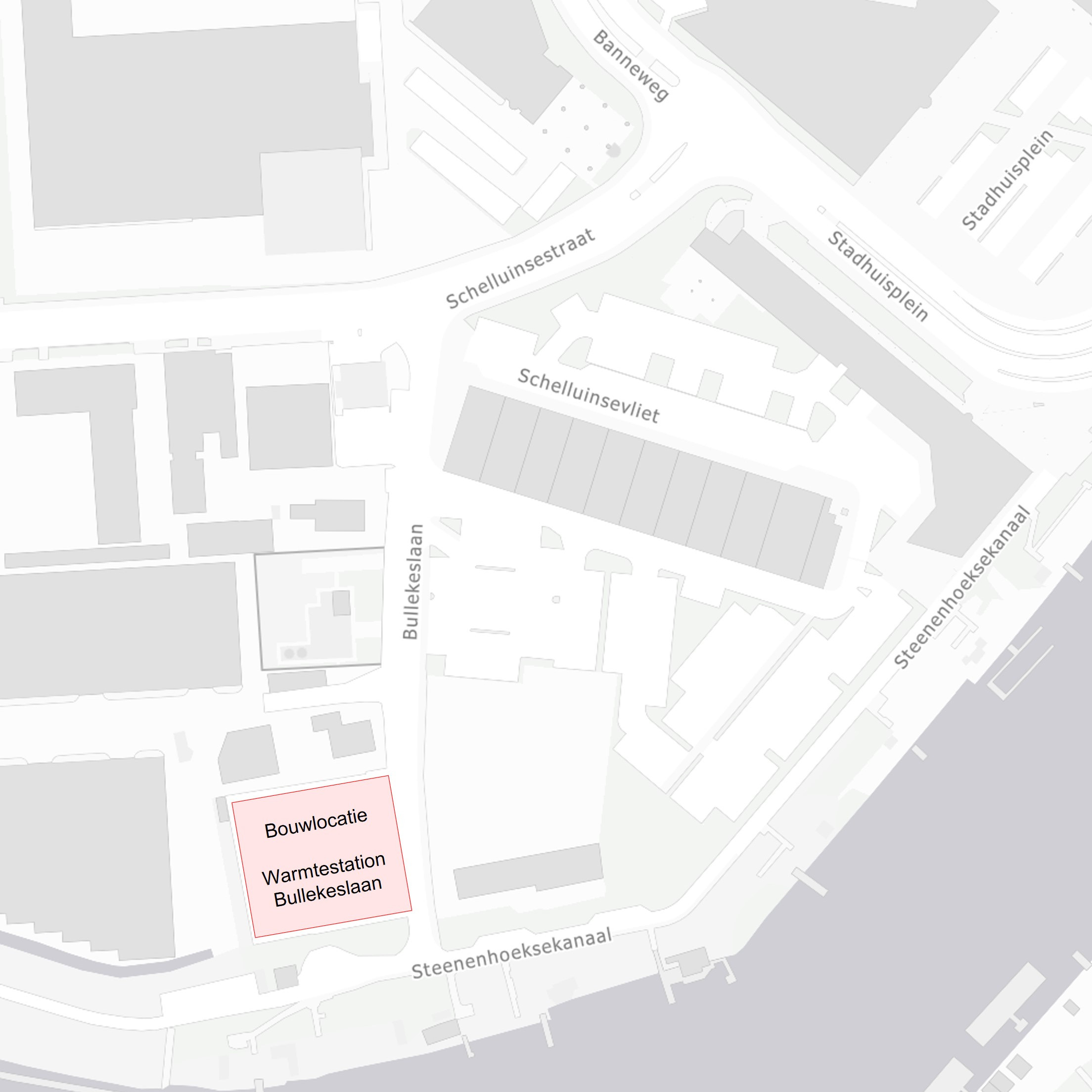 Plattegrond met daarop de locatie waar het warmtestation Bullekeslaan in Gorinchem gebouwd wordt.