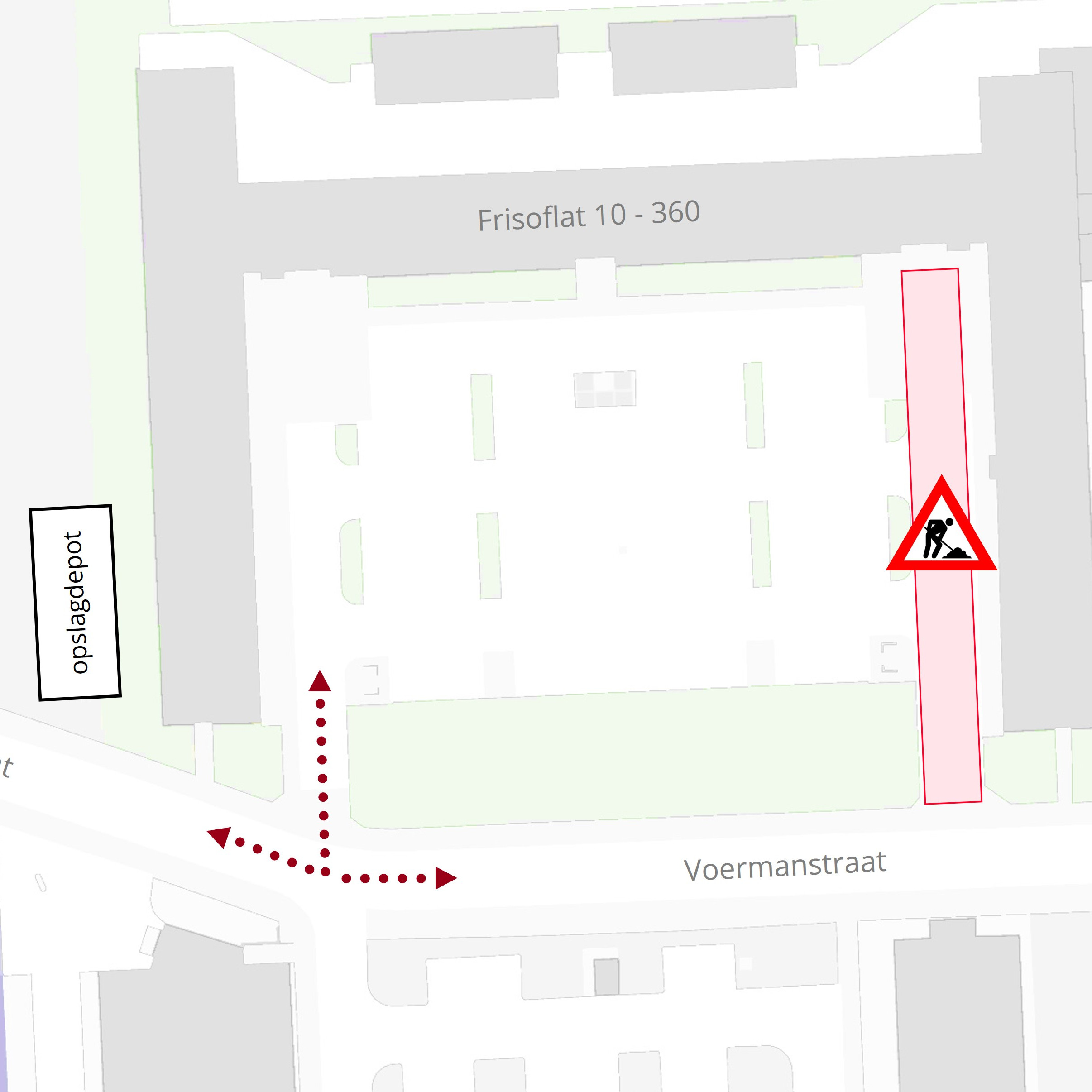 Plattegrond met daarop de locatie van de werkzaamheden in de parkeerplaats van de Frisoflat.