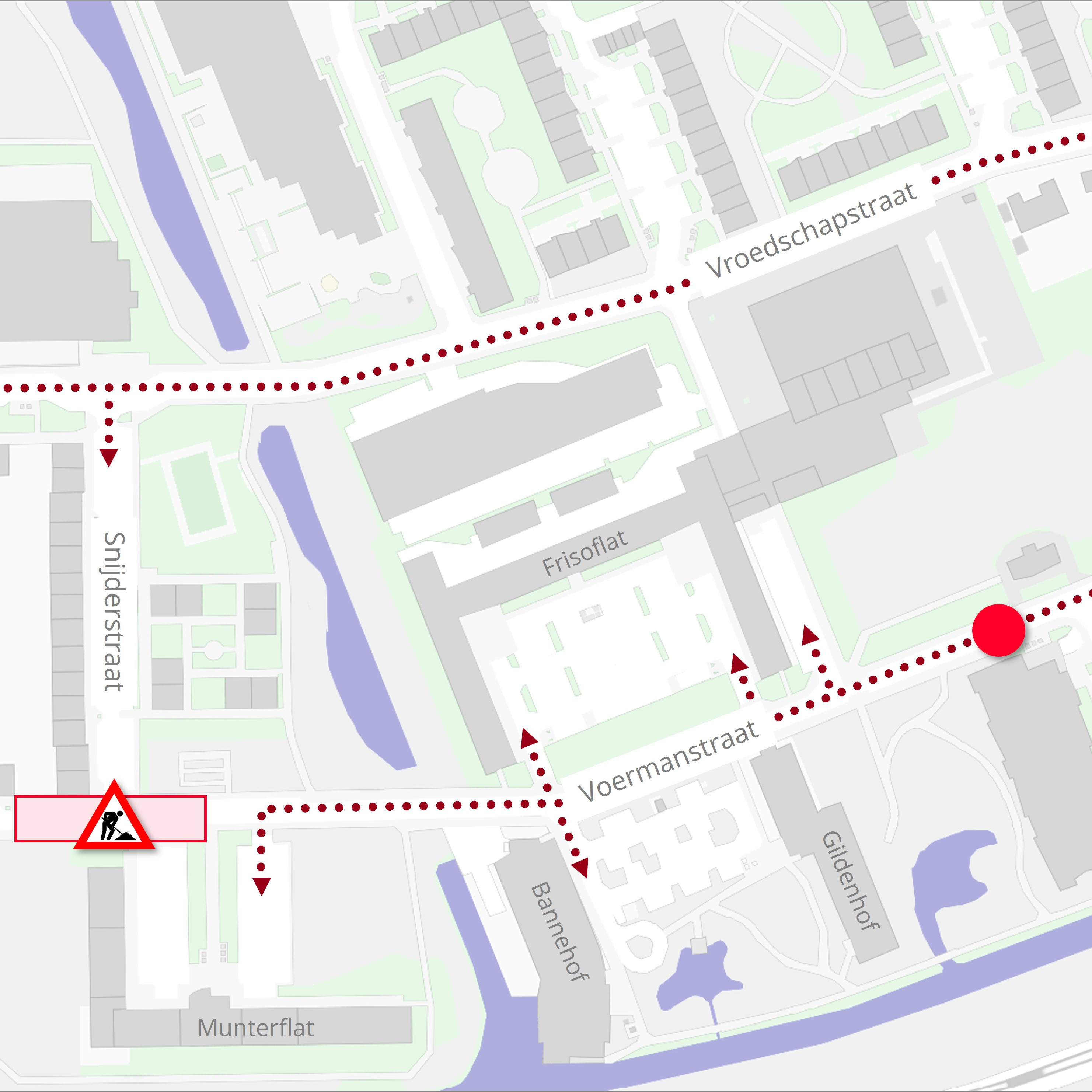 Plattegrond met daarop de locatie van de werkzaamheden en de verkeersmaatregelen.