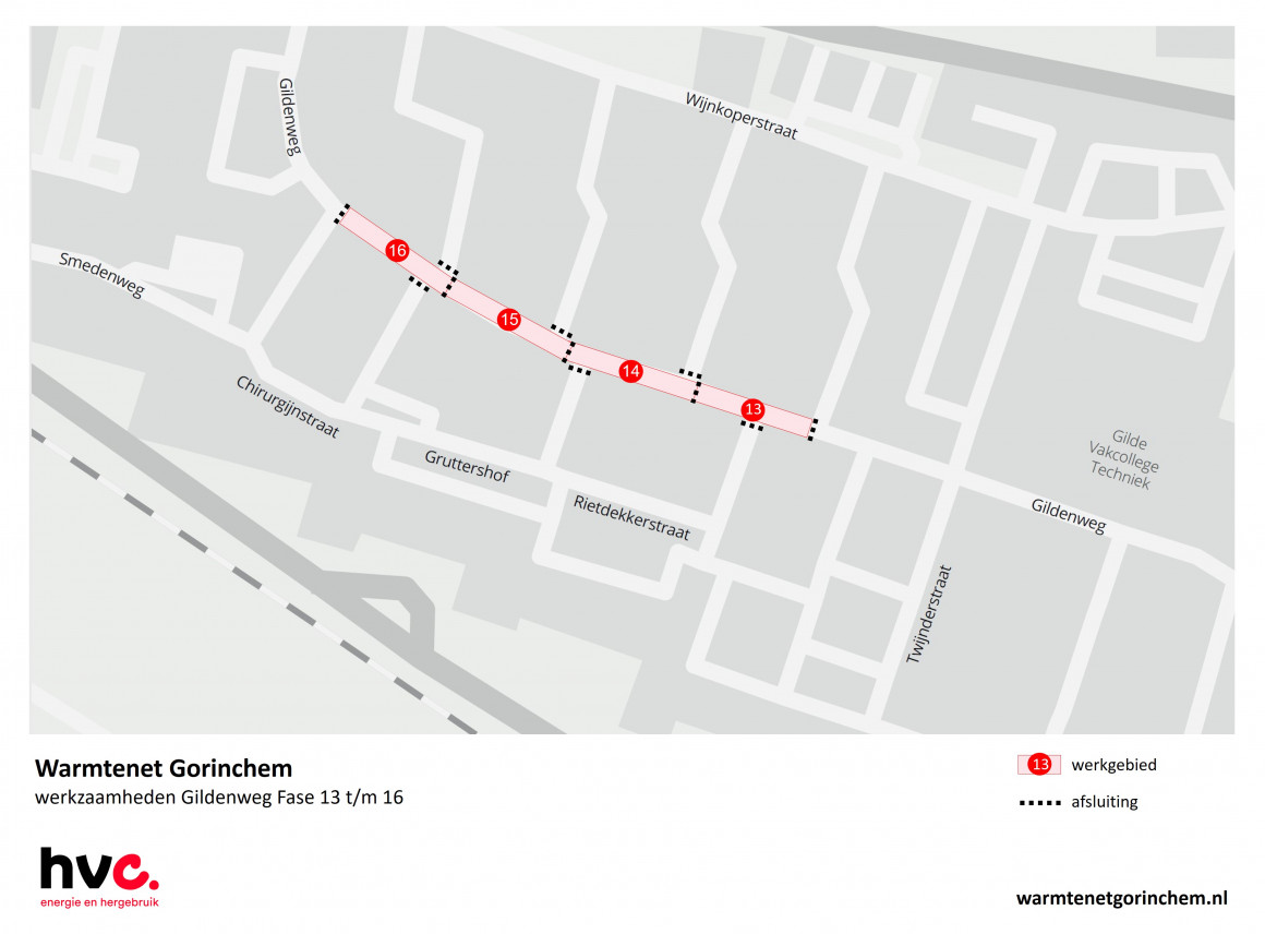 Plattegrond met daarop de locaties van de werkzaamheden in de Gildenweg in Sliedrecht