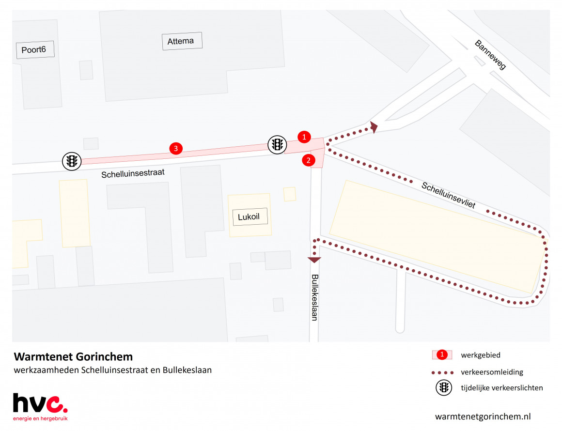 Plattegrond met daarop de locatie van de werkzaamheden in de Schelluinsestraat en Bullekeslaan