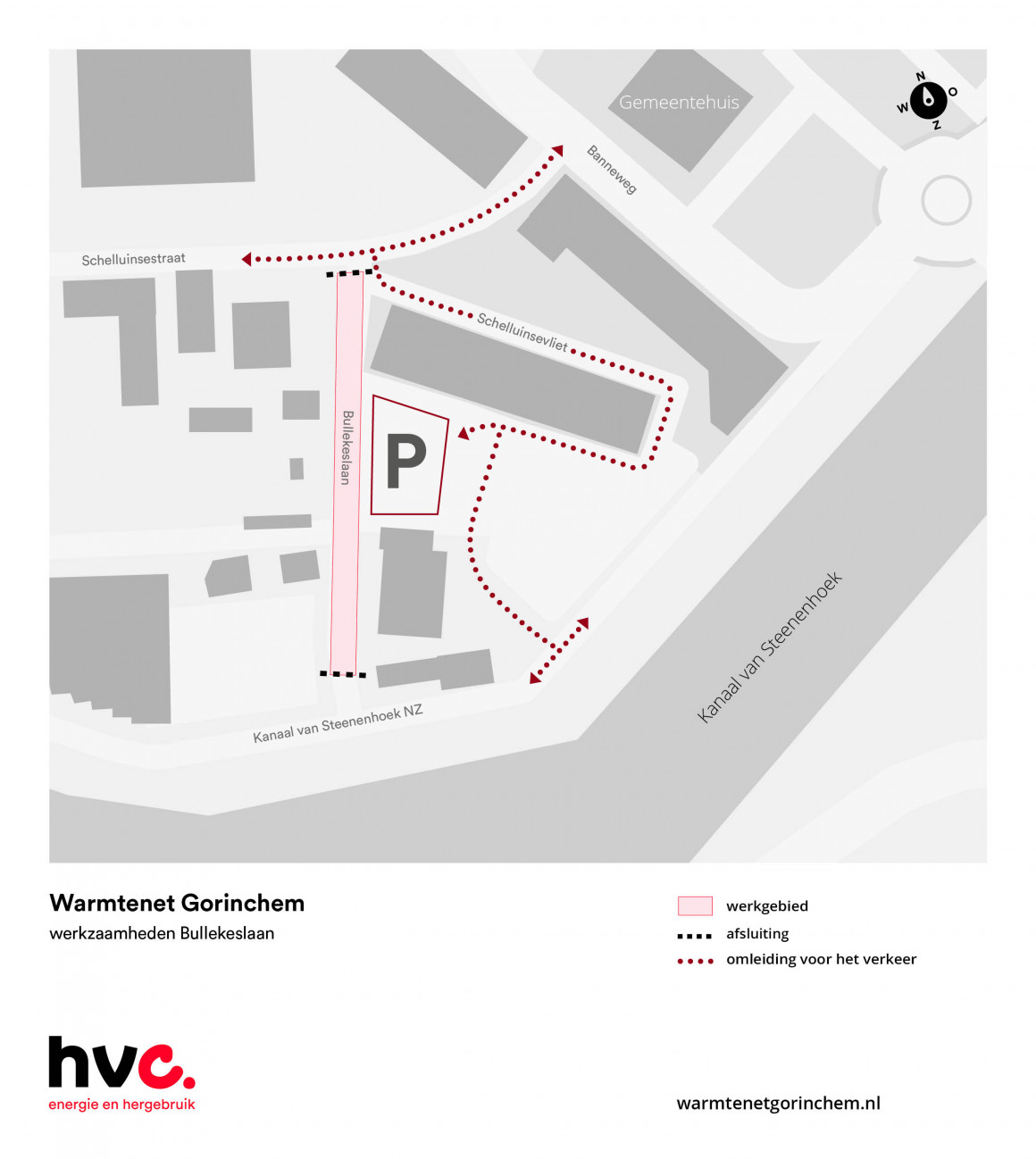 Plattegrond met daarop de locatie van de werkzaamheden in de Bullekeslaan in Gorinchem