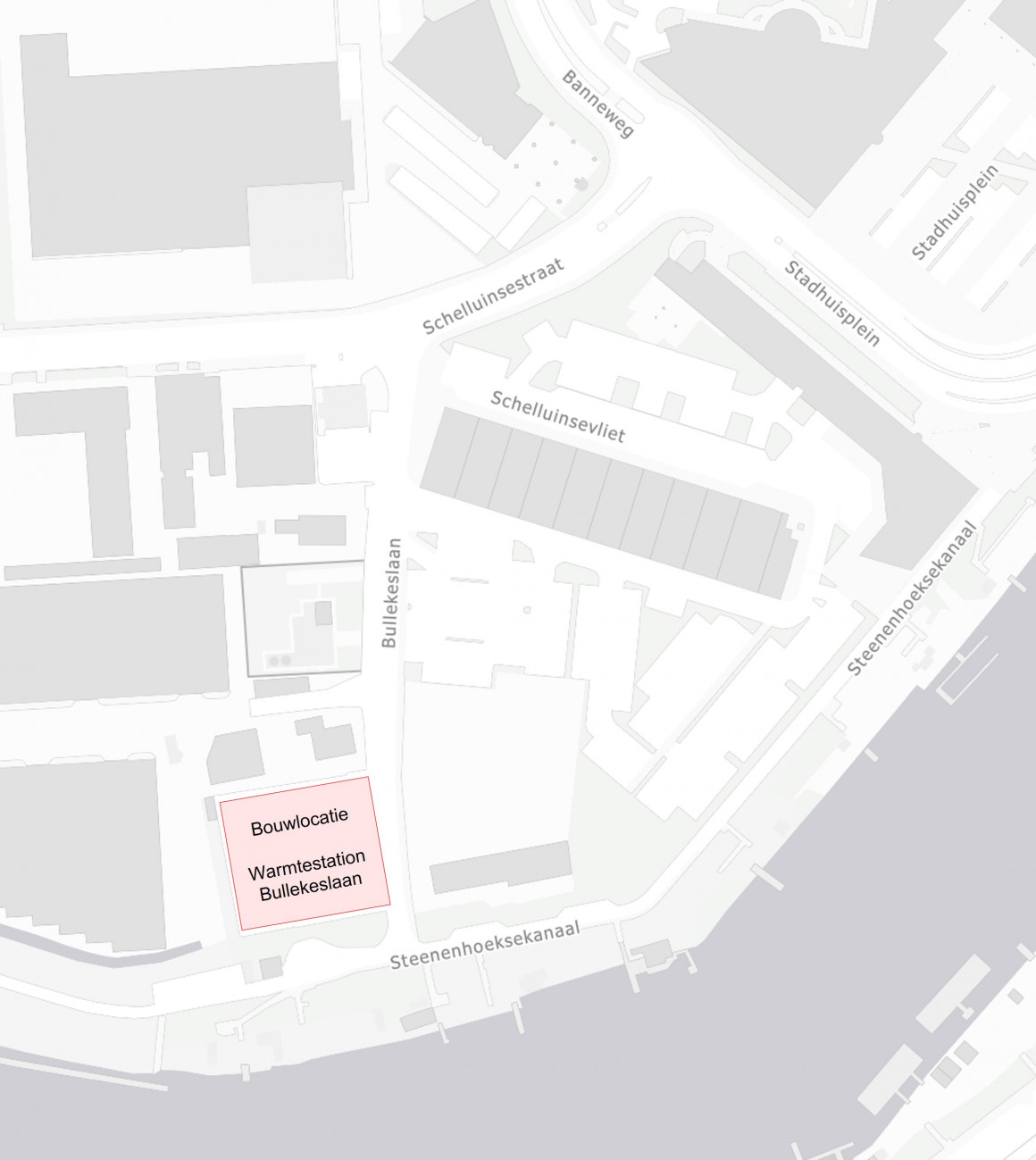 Plattegrond met daarop de locatie waar het warmtestation Bullekeslaan in Gorinchem gebouwd wordt.