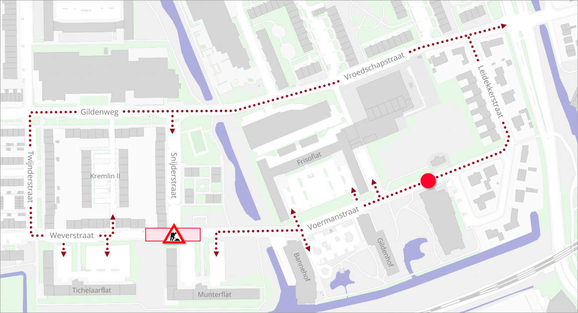 Plattegrond met daarop de locatie van de werkzaamheden en de verkeersmaatregelen.